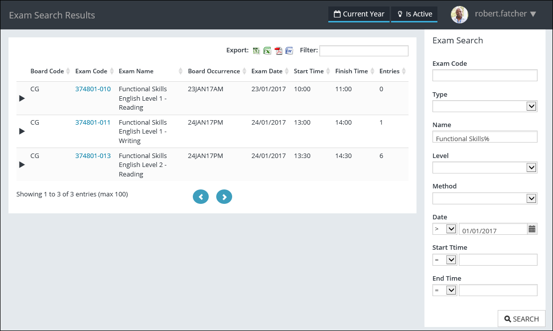 Exam Search Results page