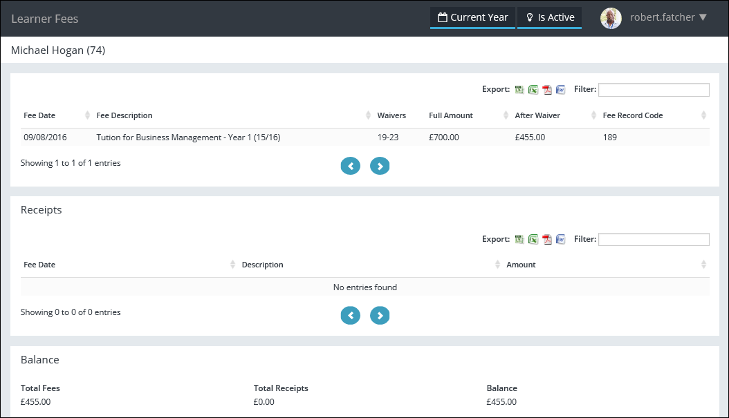 Learner Fees page