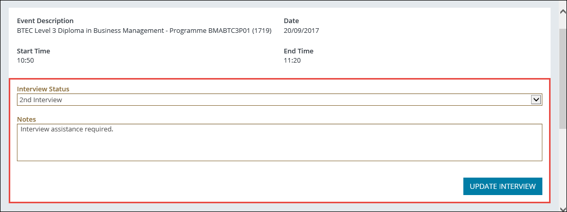 Interview Status and Notes fields, and the Update Interview button