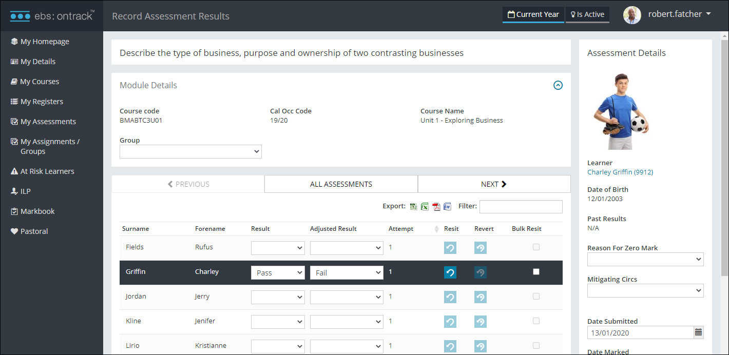 Record Assessment Results screen