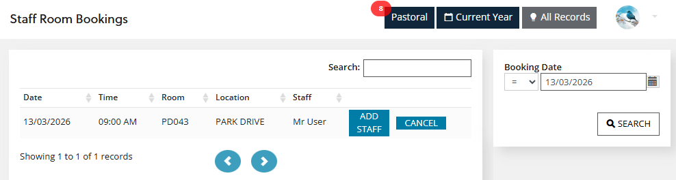 Room bookings staff page