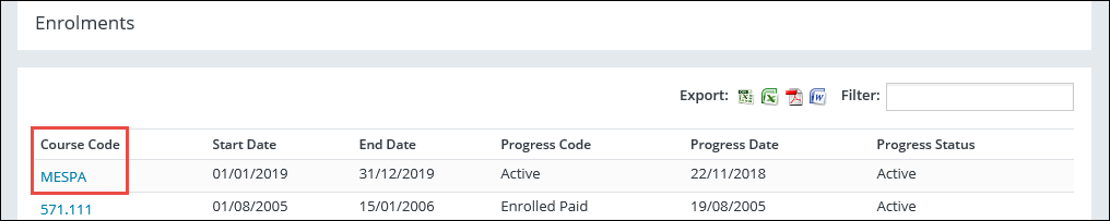 Course Code column link