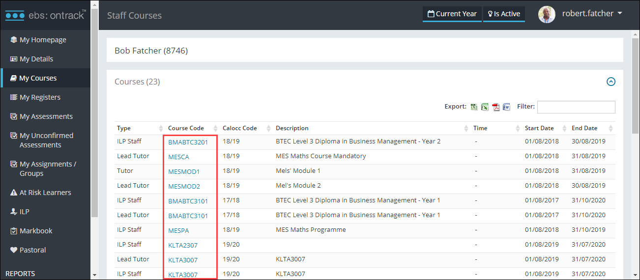 Course Codes on the Staff Courses screen