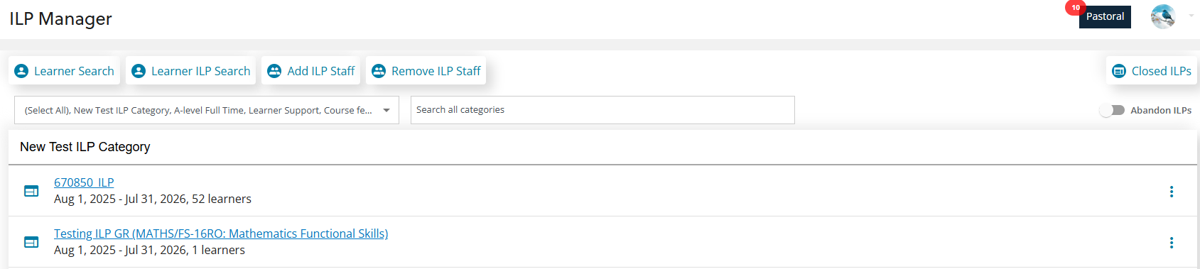 ILP manager screen