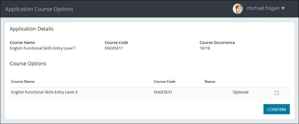 Application Course Options page