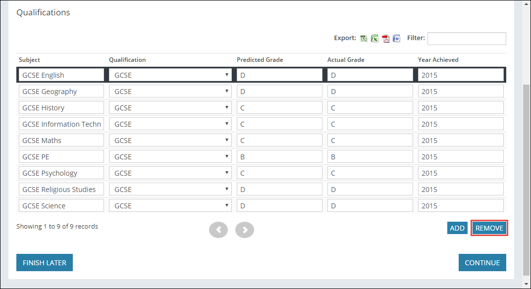 Qualifications grid - Remove button