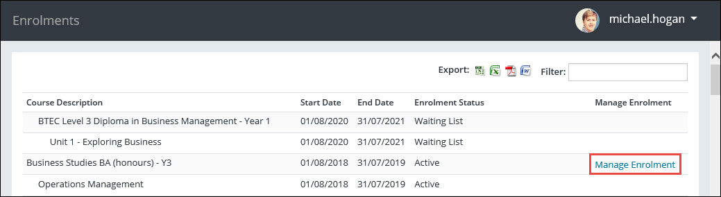 Manage Enrolments option