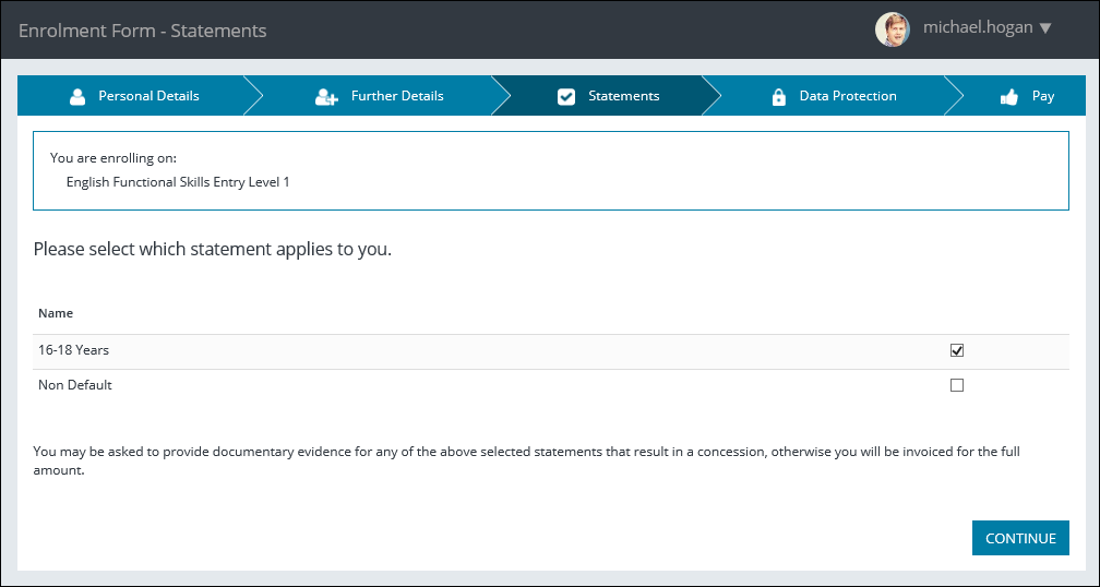 Enrolment Form - Statements page