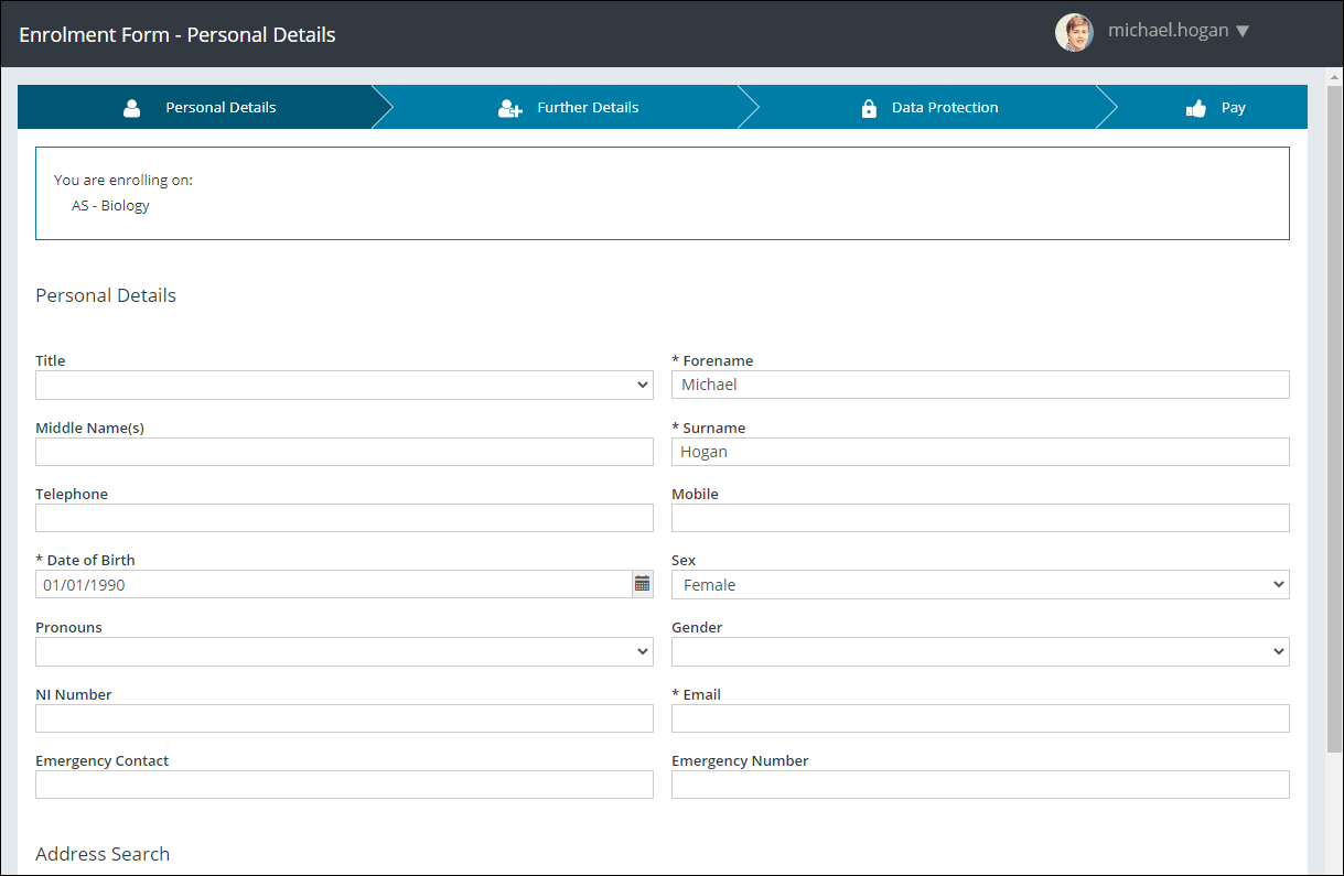 Enrolment Form - Personal Details page