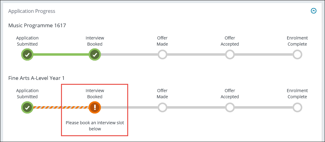 Application Progress section - Interview Booked indicator