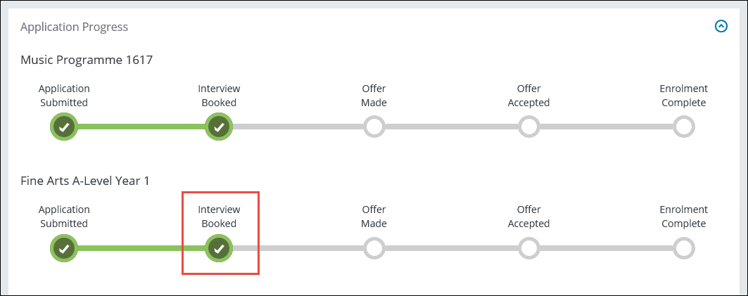 Application Progress section - Interview Booked indicator complete