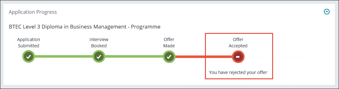 Application Progress section - Offer Accepted indicator rejected