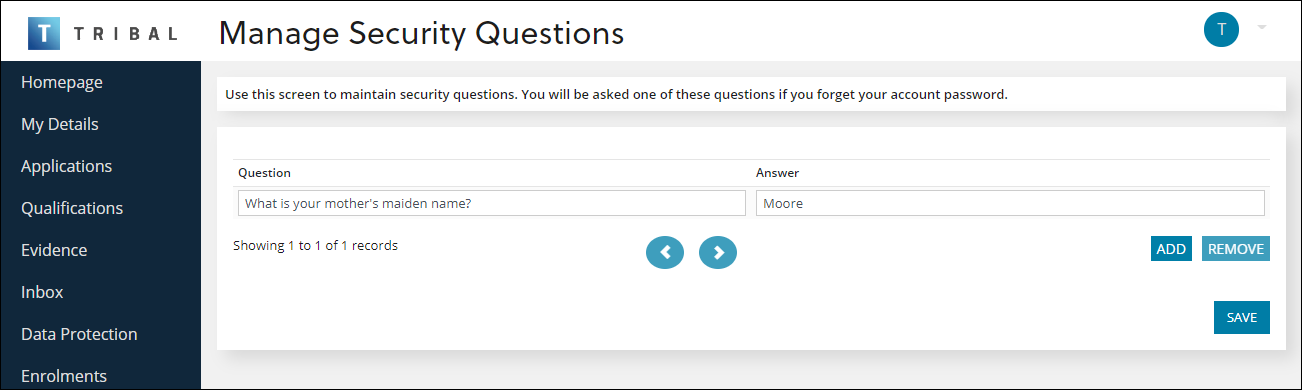 Manage Security Questions screen