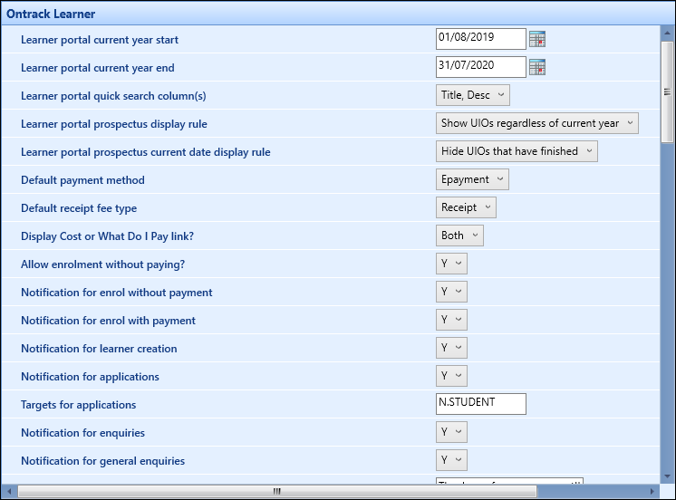 Ontrack Learner institution settings