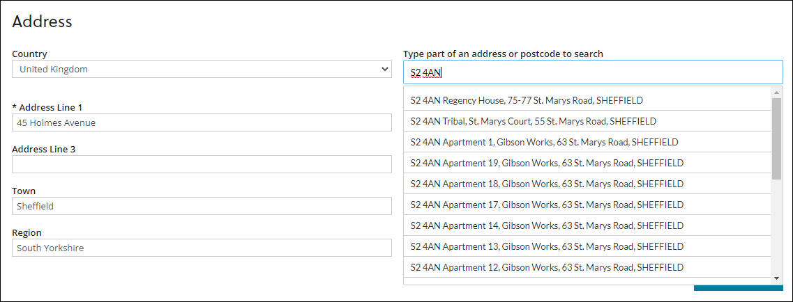 Correspondence Address section - address drop-down