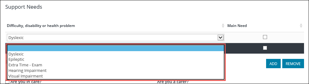 Support Needs section - support needs drop-down