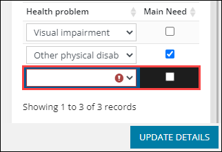 Health Problem drop-down and Main Need check box