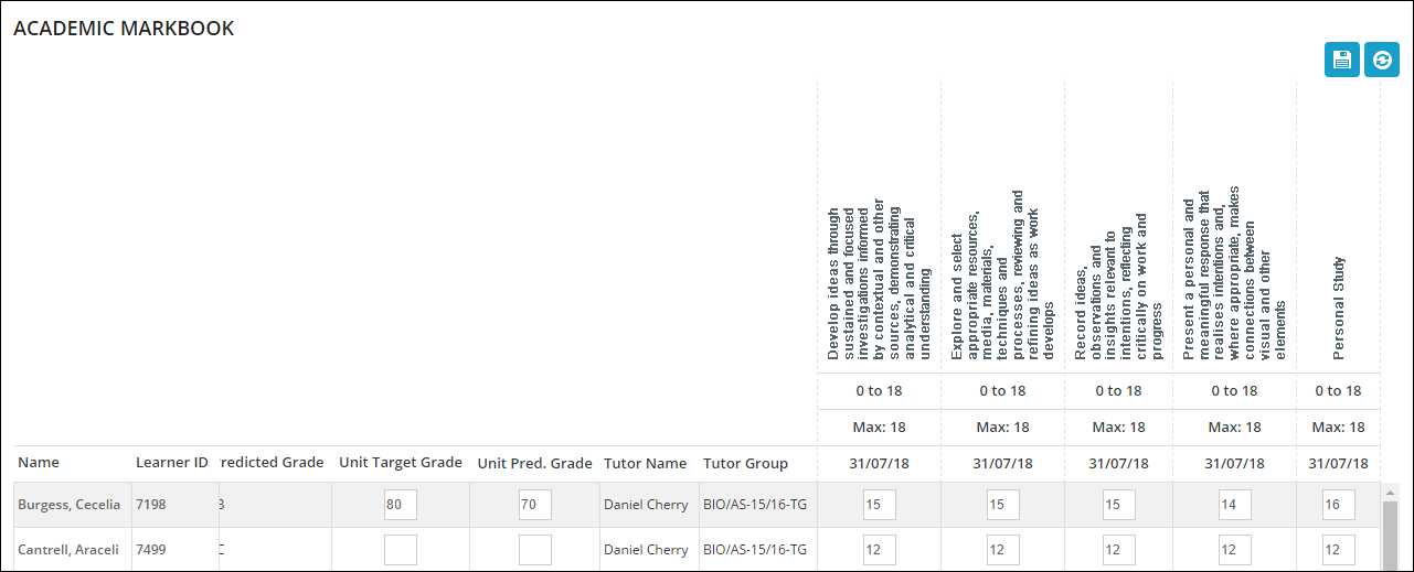 Academic Markbook grid