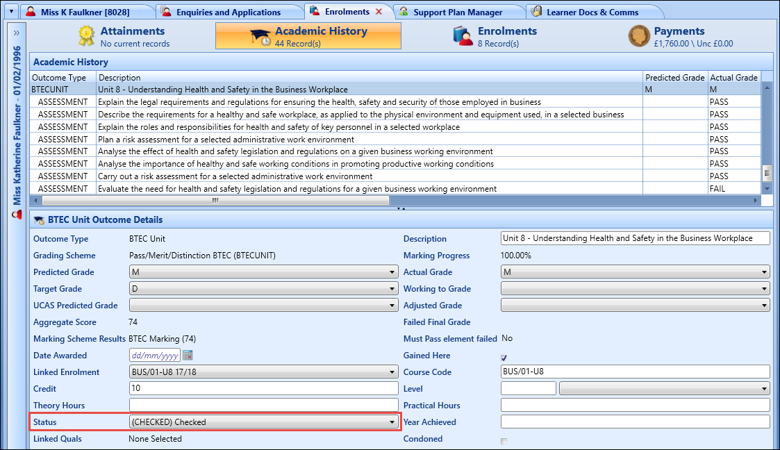 Status field on the Academic History tab