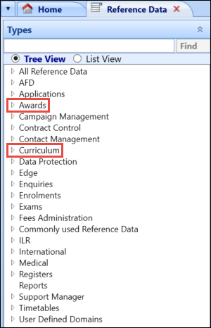 Awards and Curriculum reference data groups