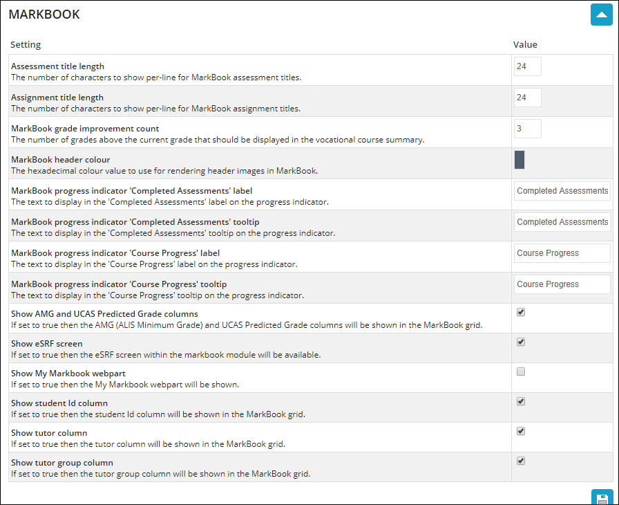 Markbook settings