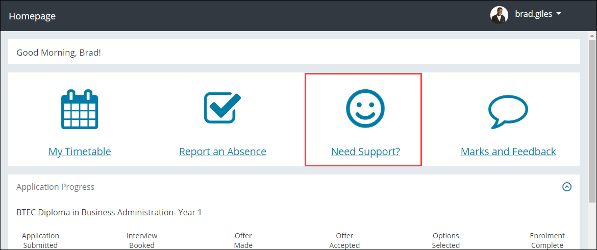 Need Support? button in ebs: ontrack Learner Hub