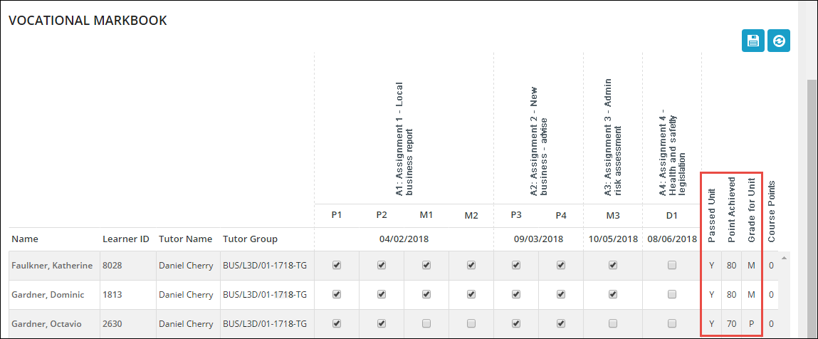 Updated Passed Unit, Point Achieved and Grade for Unit fields