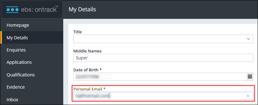 Ontrack personal email field