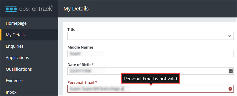 Invalid email address ebs ontrack