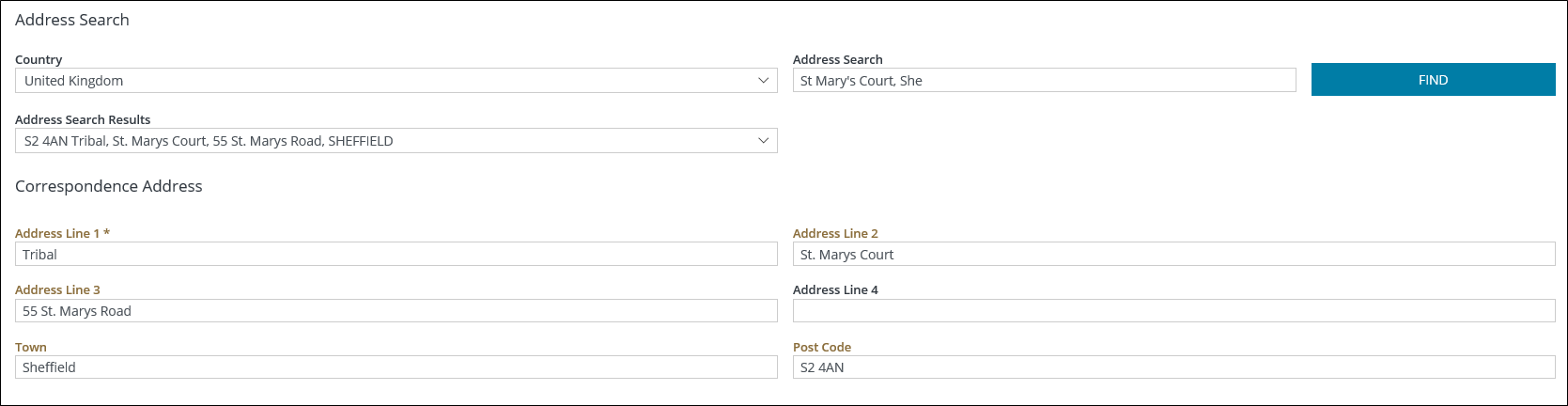 Correspondence Address fields