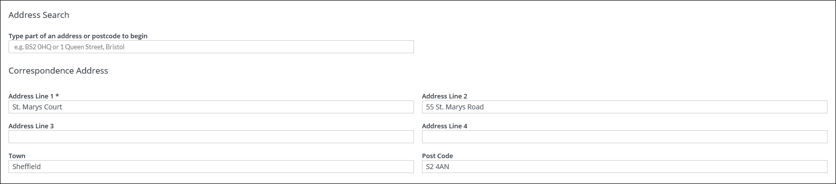 Correspondence Address fields completed