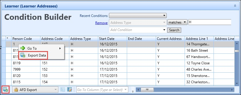 Select Export Data from the Condition Builder