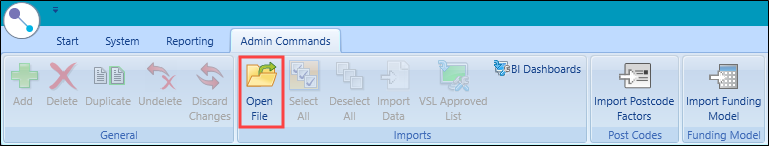 Admin Commands ribbon Open File button