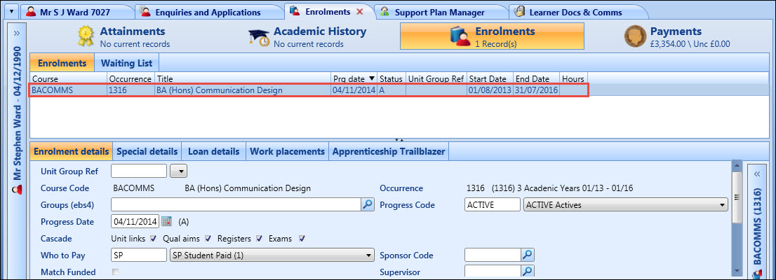 Enrolments screen