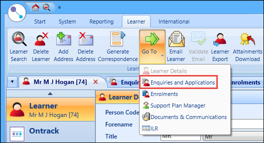 Enquiries and Applications option