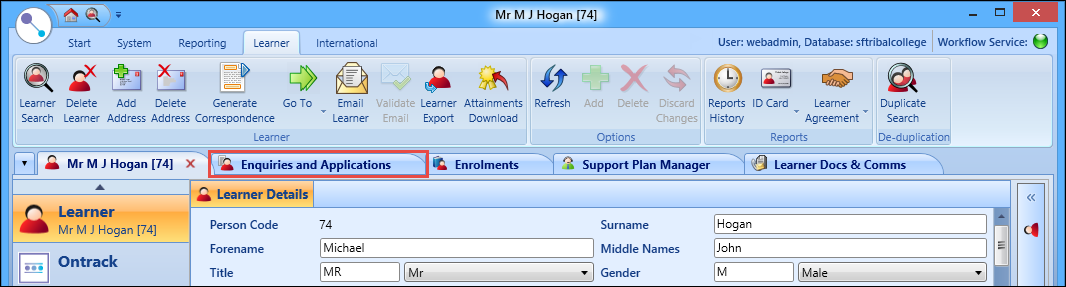 Enquiries and Applications tab