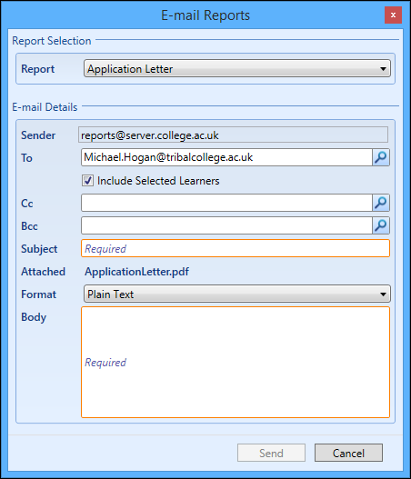 Email Reports window