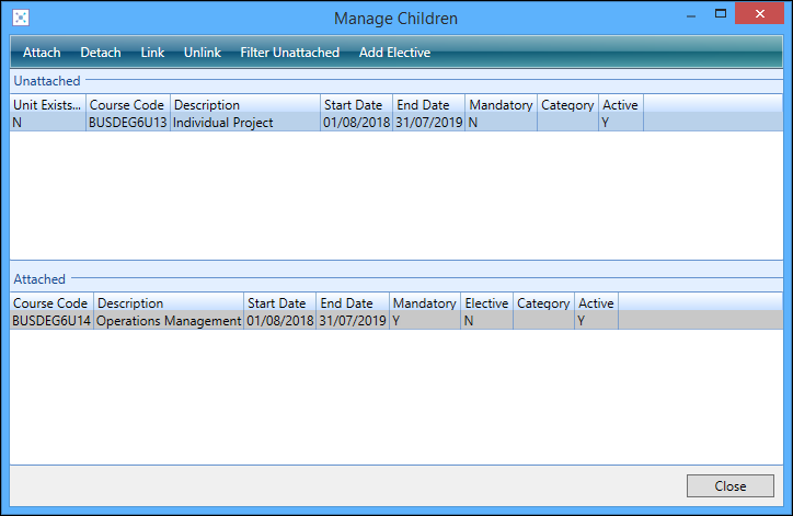 Manage Children window