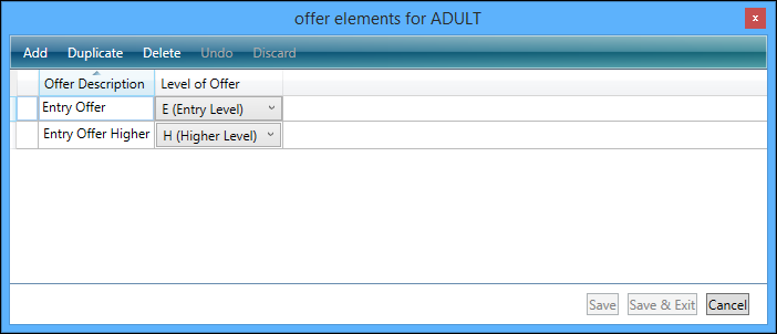 Offer Elements window