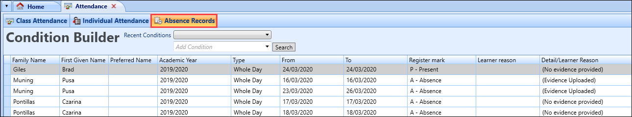 Absence Records tab