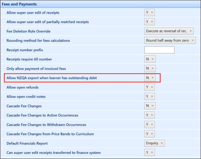 'Allow NZQA export when learner has outstanding debt' institution setting
