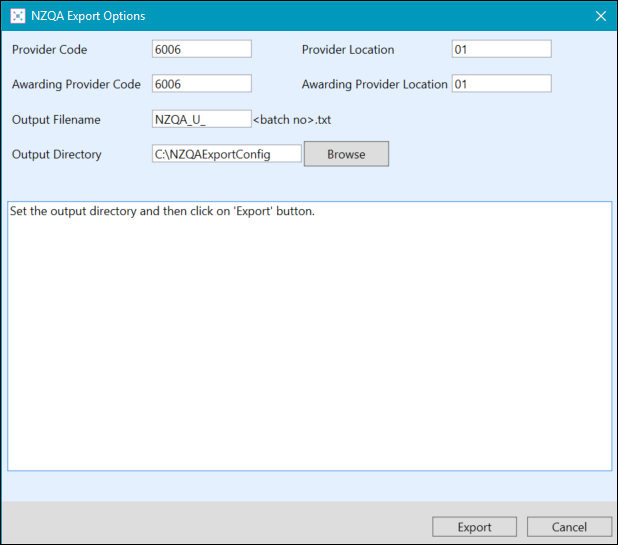 NZQA Export Options window