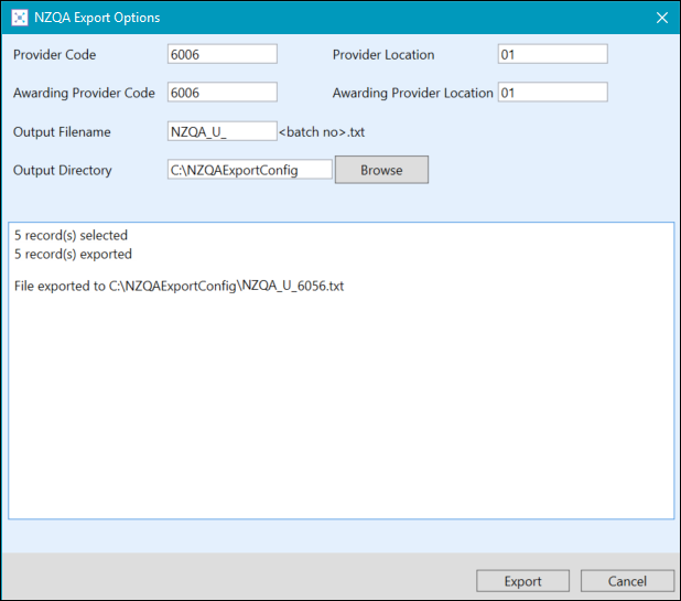 Summary on the NZQA Export Options window