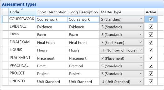 Assessment Types reference data