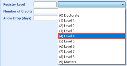 Register Levels field