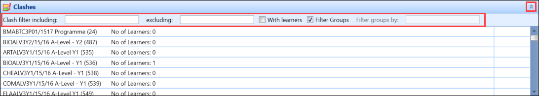 Clashes panel filters