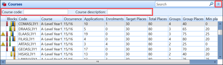 Course Code and Course Description filter fields