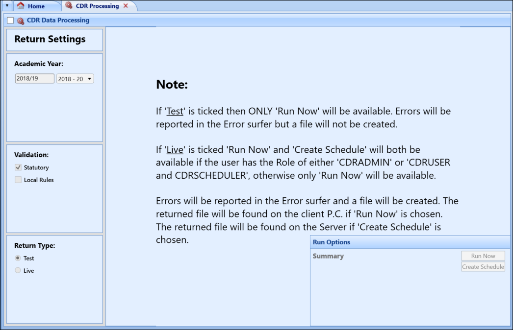 CDR Processing screen