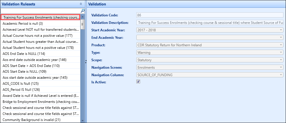 Validation Rulesets panel