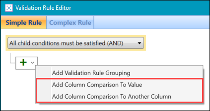 Add Column Comparison To Value and Add Column Comparison To Another Column options